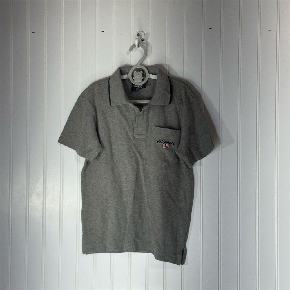 Polo Jeans Co Ralph Lauren Boys Size 6 Gray Polo Shirt USA Flag 100% Cotton Y2K